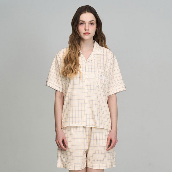 HUWA 여성용 허니 체크 반팔 잠옷 상하복 세트