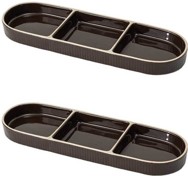 윤도자기 차곡 국산 직사각 3절 나눔접시, 딥브라운, 2개