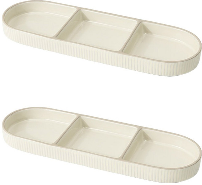 윤도자기 차곡 국산 직사각 3절 나눔접시, 아이보리, 2개