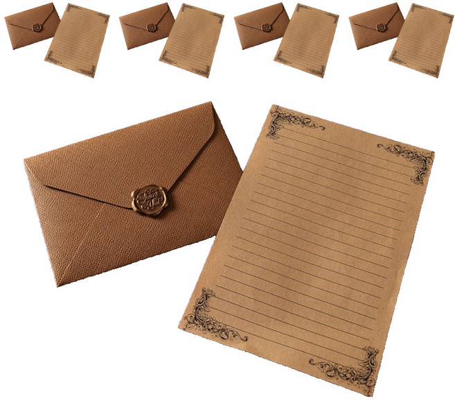 그리뉴얼 고급 레트로 편지지 + 봉투 + 왁스스티커 세트, 브라운, 5세트