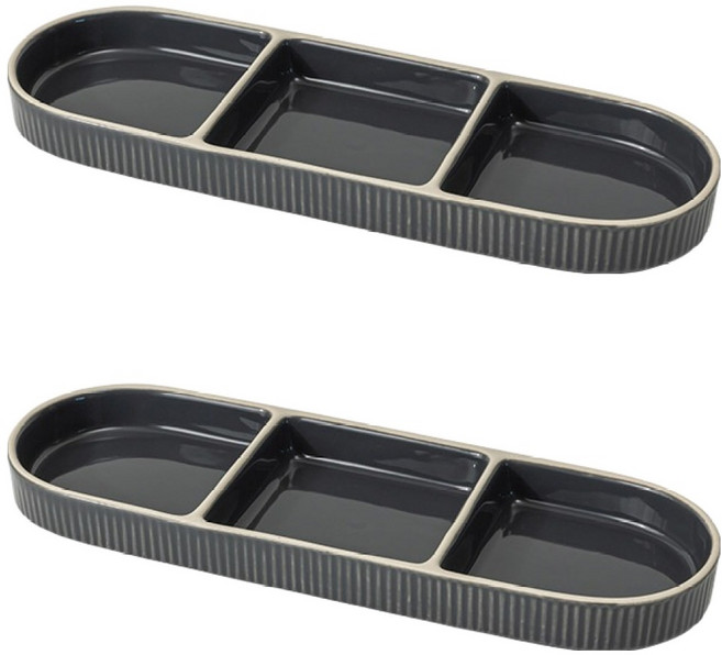 윤도자기 차곡 국산 직사각 3절 나눔접시, 챠콜, 2개