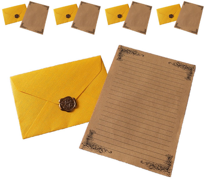 그리뉴얼 고급 레트로 편지지 + 봉투 + 왁스스티커 세트, 엘로우, 5세트