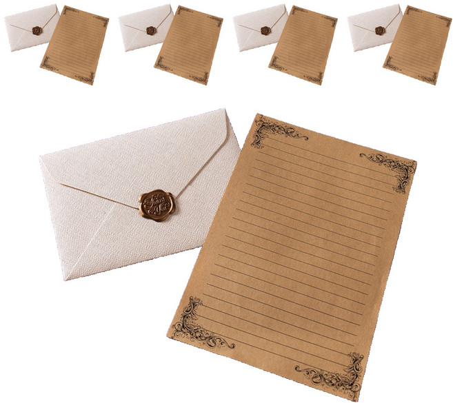그리뉴얼 고급 레트로 편지지 + 봉투 + 왁스스티커 세트, 아이보리, 5세트