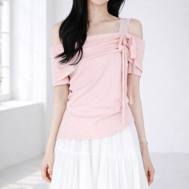 모이르벨라 여성용 레이스 오프숄더 반팔 티셔츠 O263-0277