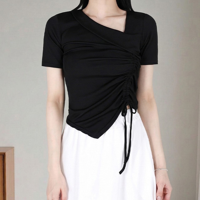 모이르벨라 여성용 셔링 브이 반팔 티셔츠 O263-0274