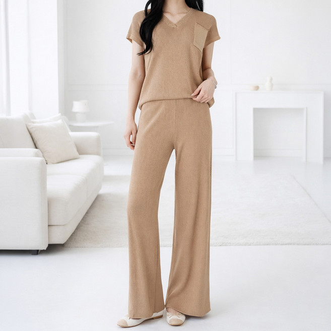 모이르벨라 여성용 브이넥 반팔 니트 + 롱 팬츠 세트 O263-0305