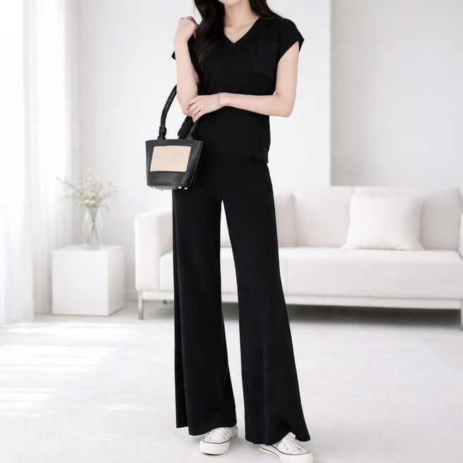 모이르벨라 여성용 브이넥 반팔 니트 + 롱 팬츠 세트 O263-0305