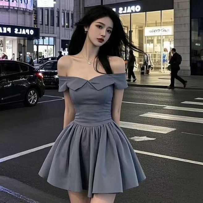 피어니스트 블루밍 밑단 오프숄더 퍼프 미니 원피스