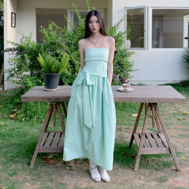 피어니스트 비치룩 오프숄더탑 롱 리본 원피스