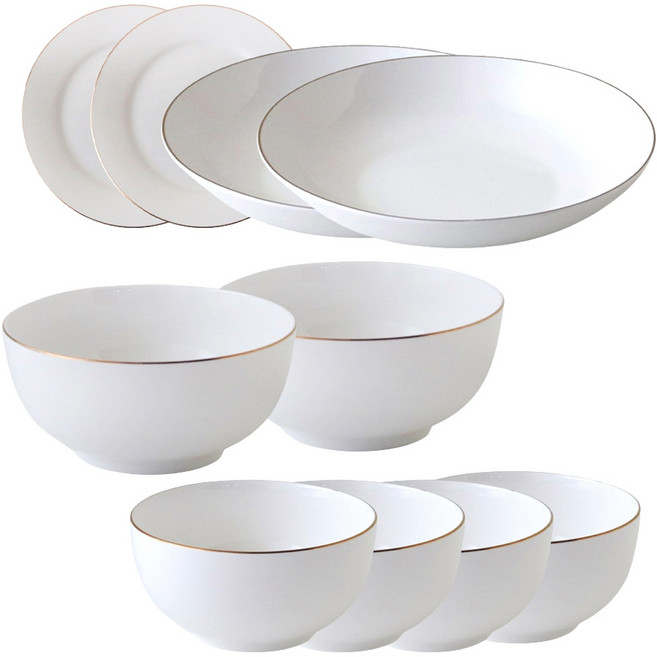 JUST HOME 藏金金可微波新骨瓷餐具10件組 0222-26, 白色, 1套, 飯碗 4個 + 麵碗 2個 + 湯盤 2個 + 點心盤 2個