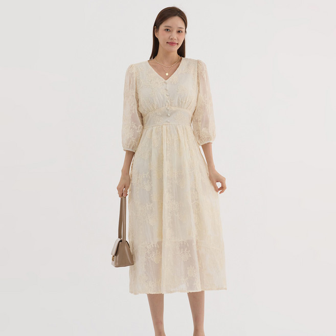 Elsso 蕾絲自助婚禮賓客穿搭泡泡袖A字長版洋裝, 象牙白