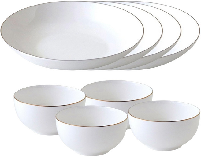 JUST HOME 藏金金可微波新骨瓷餐具8件組 0222-25, 白色, 1套, 飯碗 4個 + 湯盤 4個
