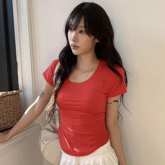 슈가펀 여성용 나보 슬림핏 크롭 무지 반팔 티셔츠