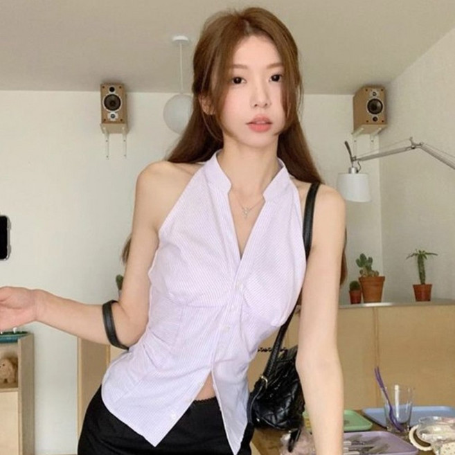 피어니스트 여성용 슬리밍 브이넥 카라 민소매 셔츠