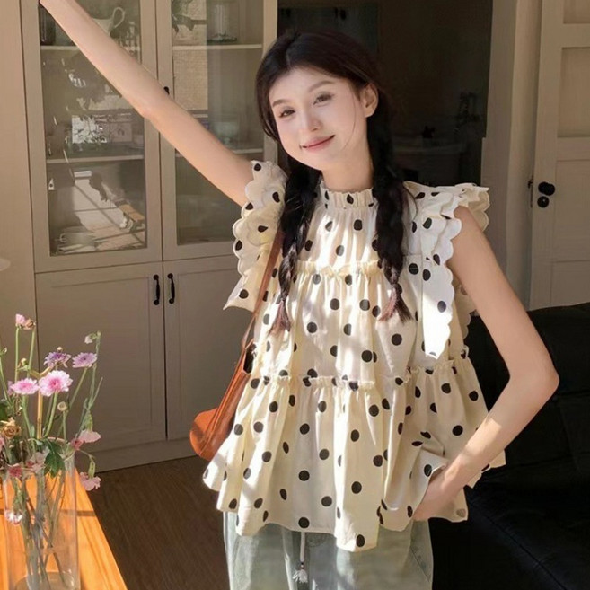 피어니스트 슬리브 러플 폴카도트 블라우스