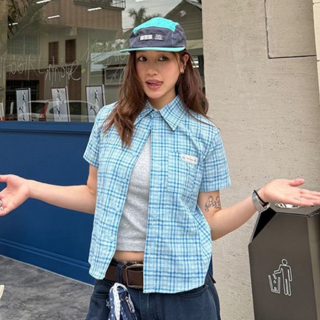 피어니스트 여성용 포켓 사각체크 캐주얼 반팔 셔츠