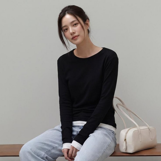 피핀 여성용 이중 배색 긴팔 티셔츠 112893