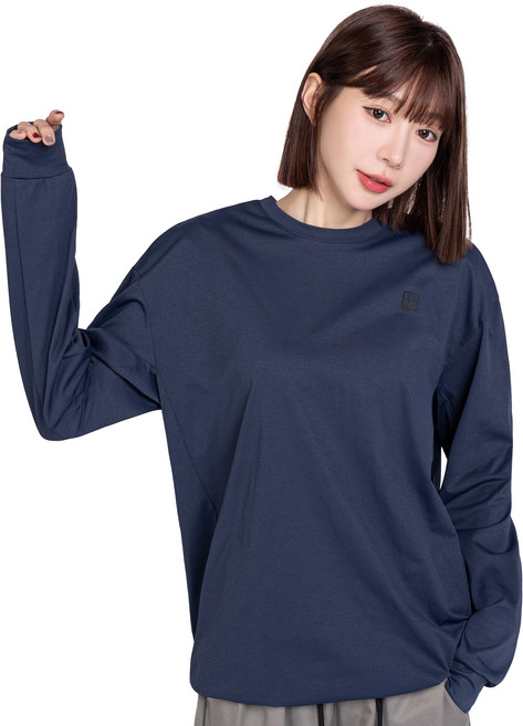 ONE BOY 吸濕排汗透氣彈力寬鬆落肩下襬抽繩長袖T恤 NO.251217, 深藍色