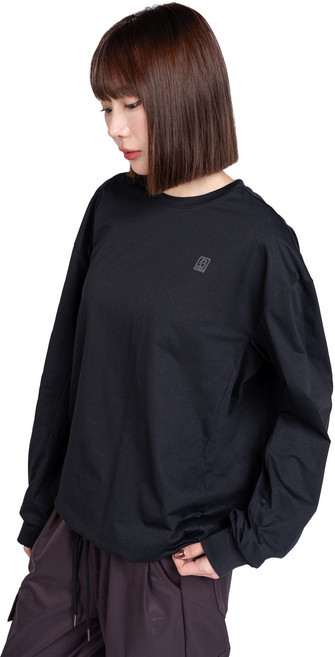 ONE BOY 吸濕排汗透氣彈力寬鬆落肩下襬抽繩長袖T恤 NO.251217, 黑色