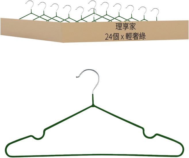 理享家 防生鏽金屬耐用衣架/無痕衣架/強力防滑衣架 C5049, 輕奢綠, 24個