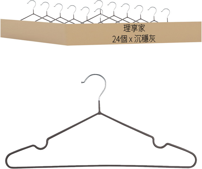 理享家 防生鏽金屬耐用衣架/無痕衣架/強力防滑衣架 C5049, 沉穩灰, 24個