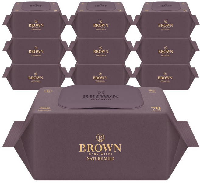 브라운 네이처 마일드 엠보싱 도톰한 아기 물티슈 캡형, 67g, 70매, 10개