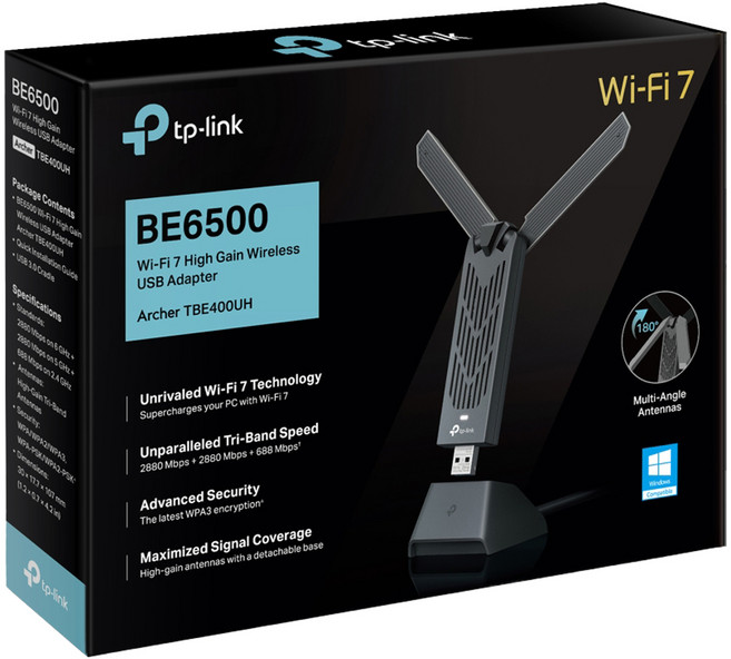 tp-link BE6500 Wi-Fi 7 USB高增益無線網卡, 1個, Archer TBE400UH