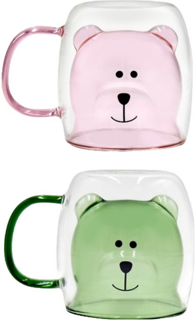 라임올리브 곰돌이 컬러 이중머그컵 250ml x 2종 세트, 로즈핑크, 라이트그린, 1세트