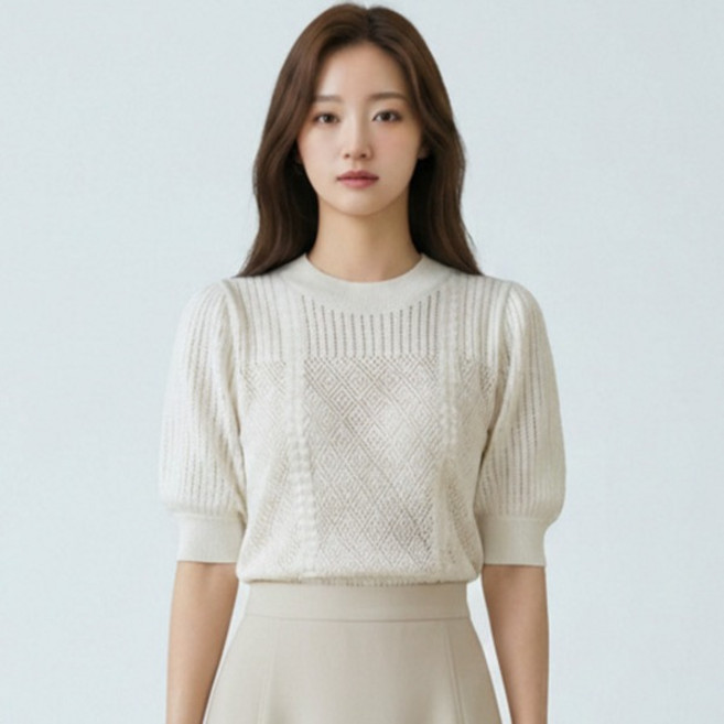 페이퍼먼츠 여성용 아가일 펀칭 볼륨 퍼프 소매 니트 티셔츠 14466