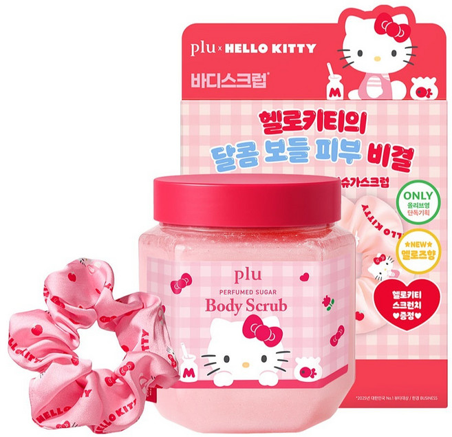 플루 산리오 헬로키티 퍼퓸드 슈가 바디스크럽 멜로즈 510g + 헤어 스크런치 세트, 1세트