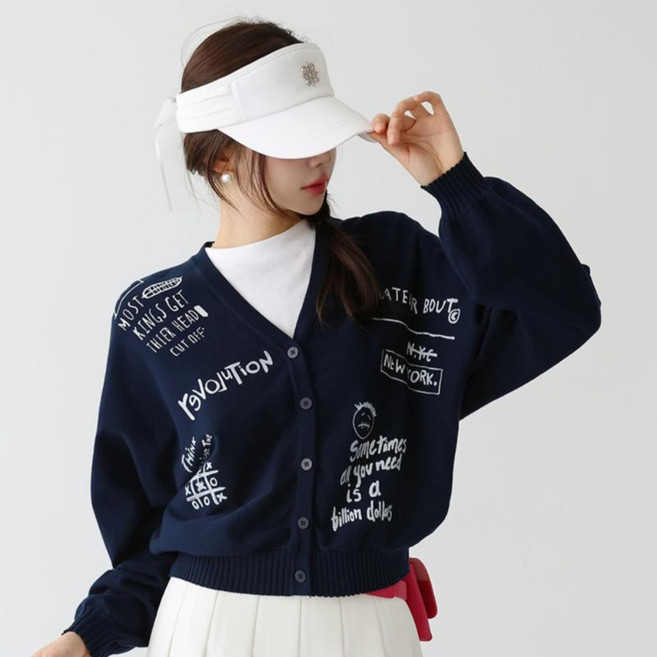 피핀 여성용 골프 일상 드로잉 프린팅 니트 가디건 #22685