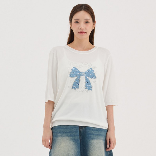 엘쏘 여성용 리본 비즈 레터링 오버핏 쿨 니트 반팔 티셔츠