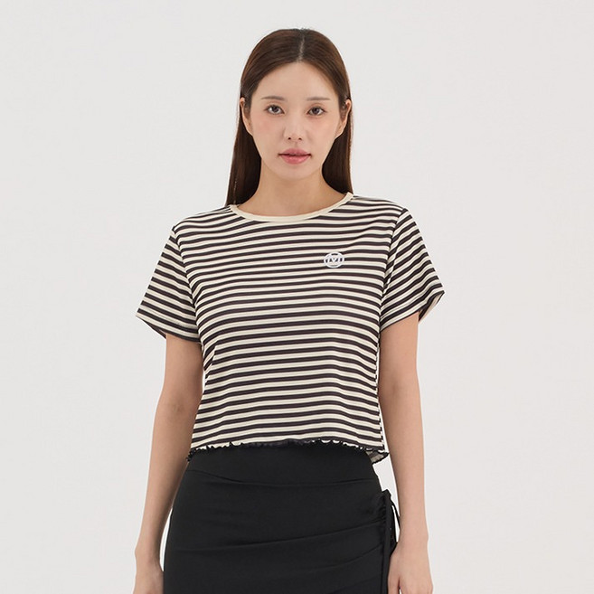 엘쏘 여성용 자수 스트라이프 프릴 크롭 반팔 티셔츠