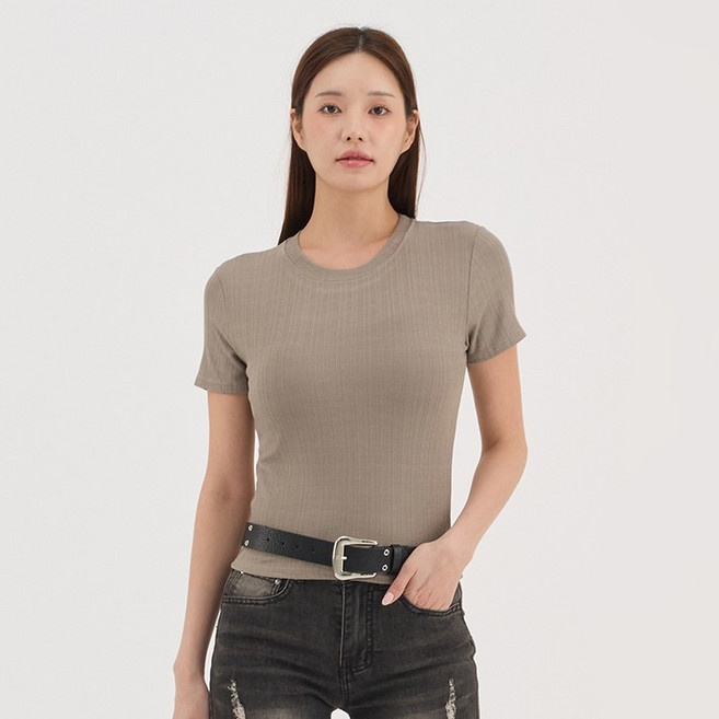 엘쏘 여성용 플리츠 골지 슬림핏 라인 이너 반팔 티셔츠