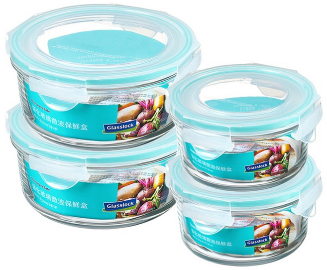 Glasslock 格拉氏洛克 圓形強化玻璃微波保鮮盒4件組 400ml 2個 + 950ml 2個, 1套, 容器 4個 + 蓋子 4個