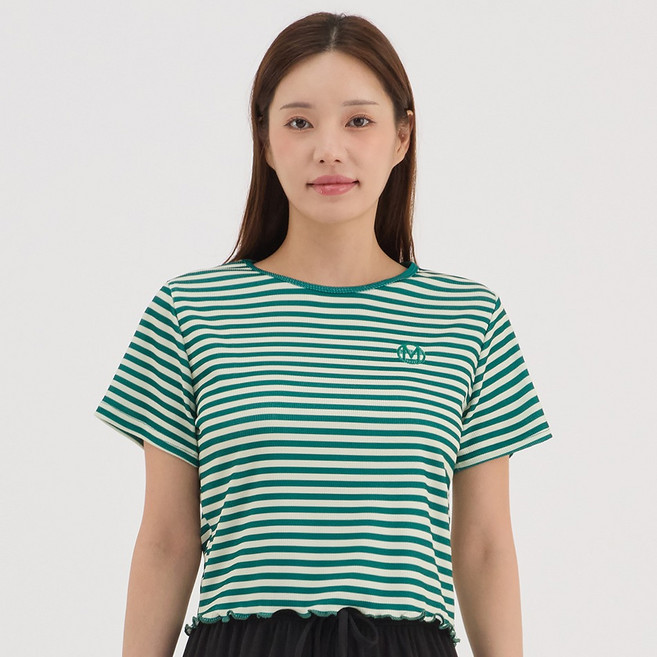 엘쏘 여성용 자수 스트라이프 프릴 크롭 반팔 티셔츠