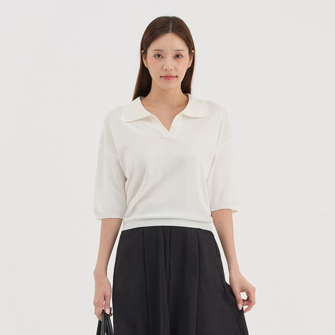 엘쏘 여성용 오픈카라넥 세미크롭 베이직 시보리 니트 카라반팔