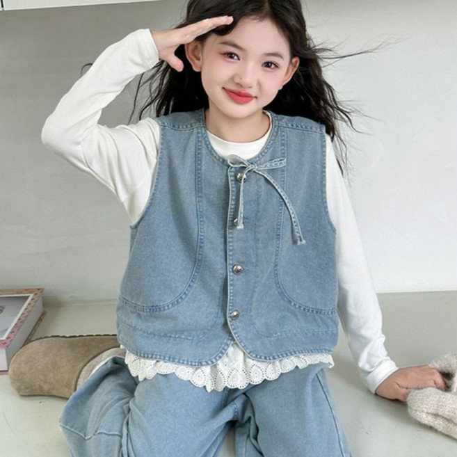 하라로이 데님 조끼 + 레이스 와이드 팬츠 + 긴팔티 세트