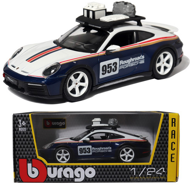 브라고 1:24 포르쉐 911 다카르 953 Roughroads 레이싱카, 화이트 + 매트블루, 1개