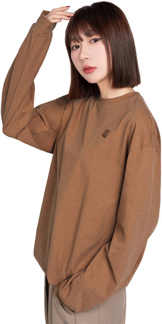 ONE BOY 吸濕排汗透氣彈力寬鬆落肩下襬抽繩長袖T恤 NO.251217, 紅棕色