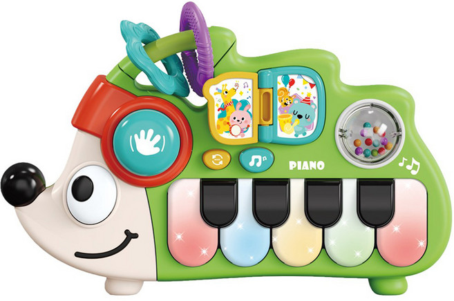 비비엔 5in1 아기 고슴도치 피아노 손드럼 플립북 회전구슬 치발기, 1개, 랜덤발송