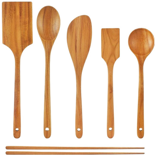 파뷔에 티크 원목 조리도구 6종 세트 A타입, 우드, 1세트, 튀김젓가락 + 미니뒤집개 + 원형스푼 + 사선뒤집개 + 볶음스푼 대 + 사각뒤집개 중