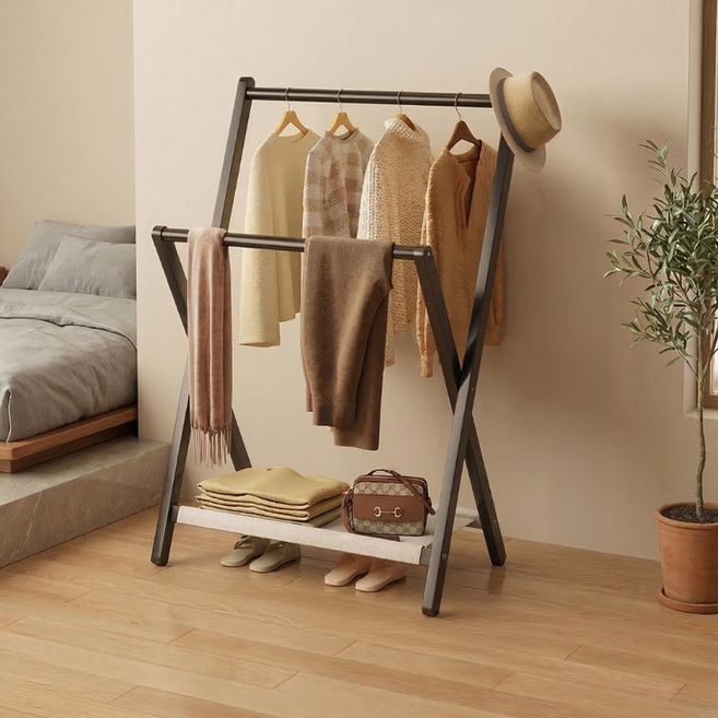 메리뉴 접이식 이동식 스탠드 침대옆 슬림 행거, 블랙
