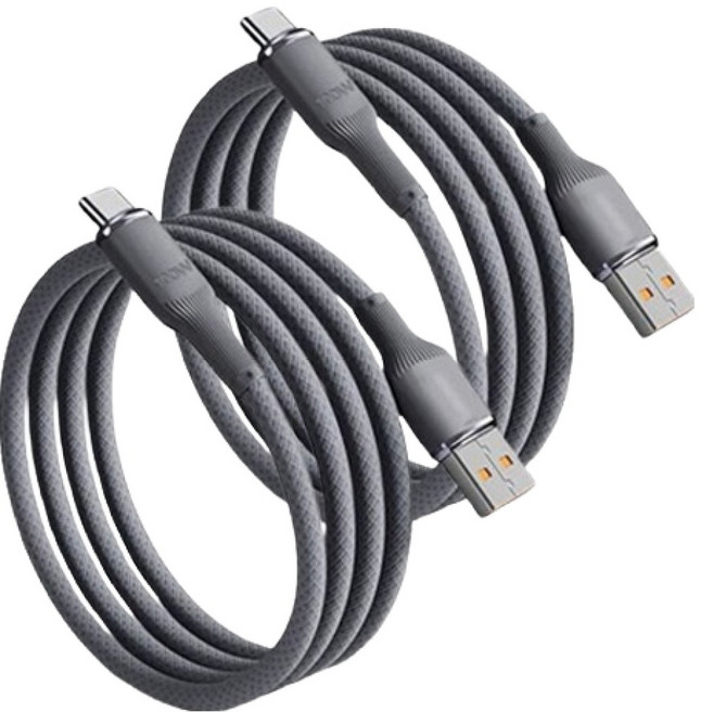 럭키차지 A타입-C타입 단선방지캡 꼬임방지 직물커버 100w 충전케이블, 실버블랙, 2개, 2m