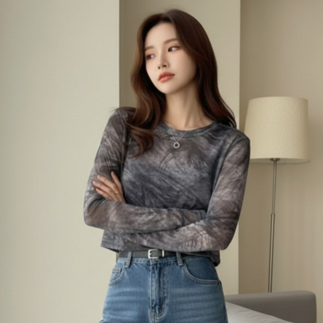 Goodif 女款水印透膚修身長袖T恤