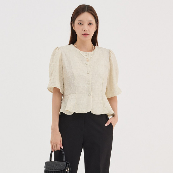 Elsso 女款荷葉邊泡泡袖短袖紋理上衣