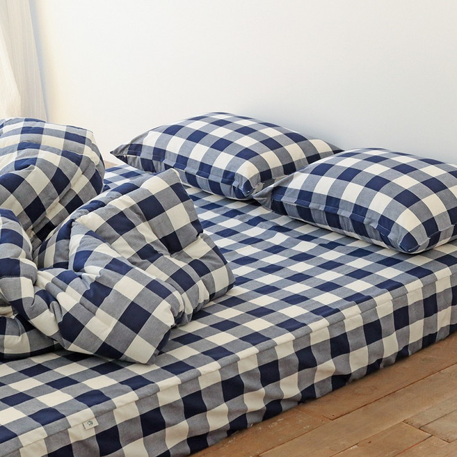 누블 클래식 빅체크 워싱 광목 30수 순면 홑겹 매트 리스커버