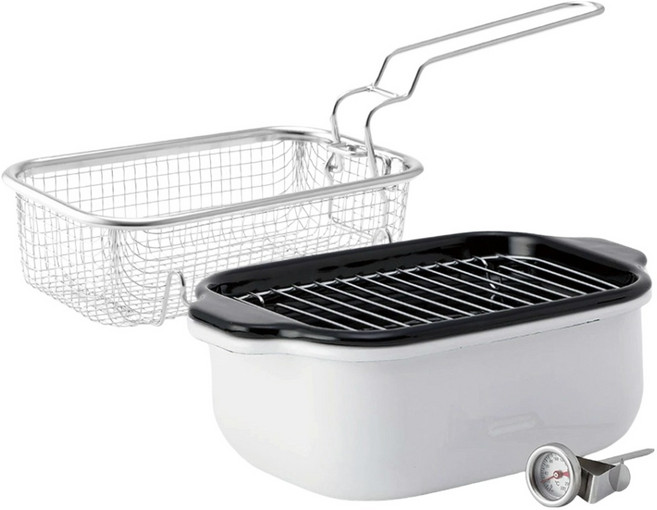 후지호로 인덕션 법랑 사각 튀김 냄비 + 바스켓 세트, 화이트, 1세트, 25cm