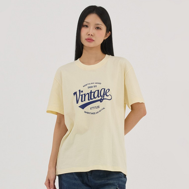 엘쏘 여성용 오버핏 빅사이즈 순면 빈티지 레터링 롱 반팔 티셔츠