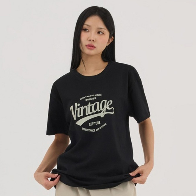 엘쏘 여성용 오버핏 빅사이즈 순면 빈티지 레터링 롱 반팔 티셔츠